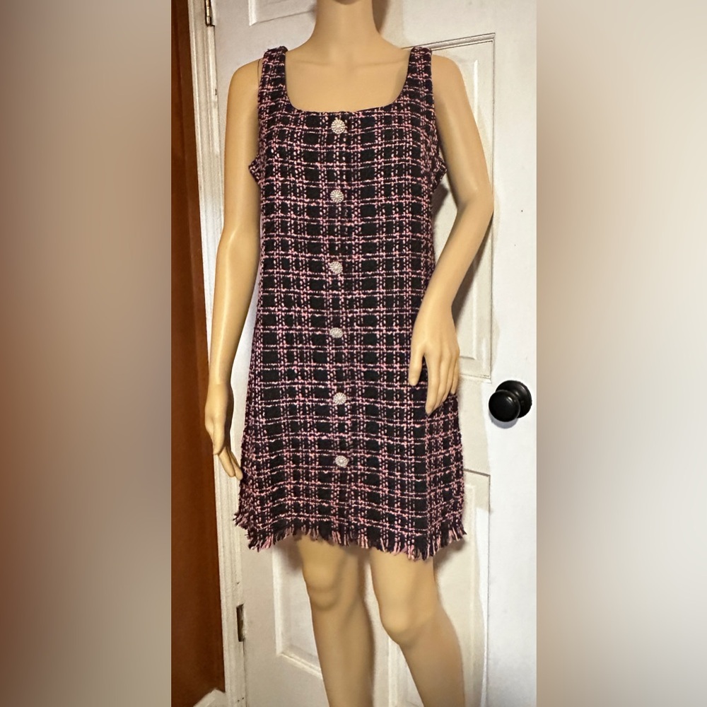 BeBop Pink & Black Plaid Tweed Woven Mini Dress with Fringe Hem Medium